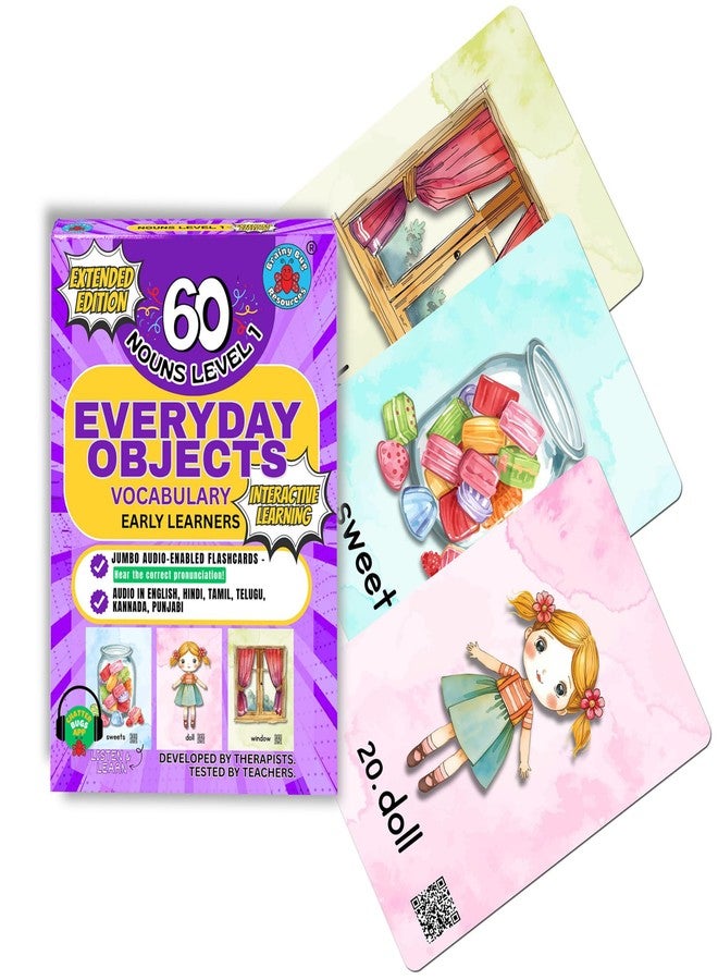 Brainy Bug Resources Flashcards with App-Enabled Audio Feature | 60 Everyday Objects Level 1 | Nouns | Audio in Hindi, English, Punjabi, Tamil, Kannada, Telugu | Spoken English | Special Needs Kids - Image 1